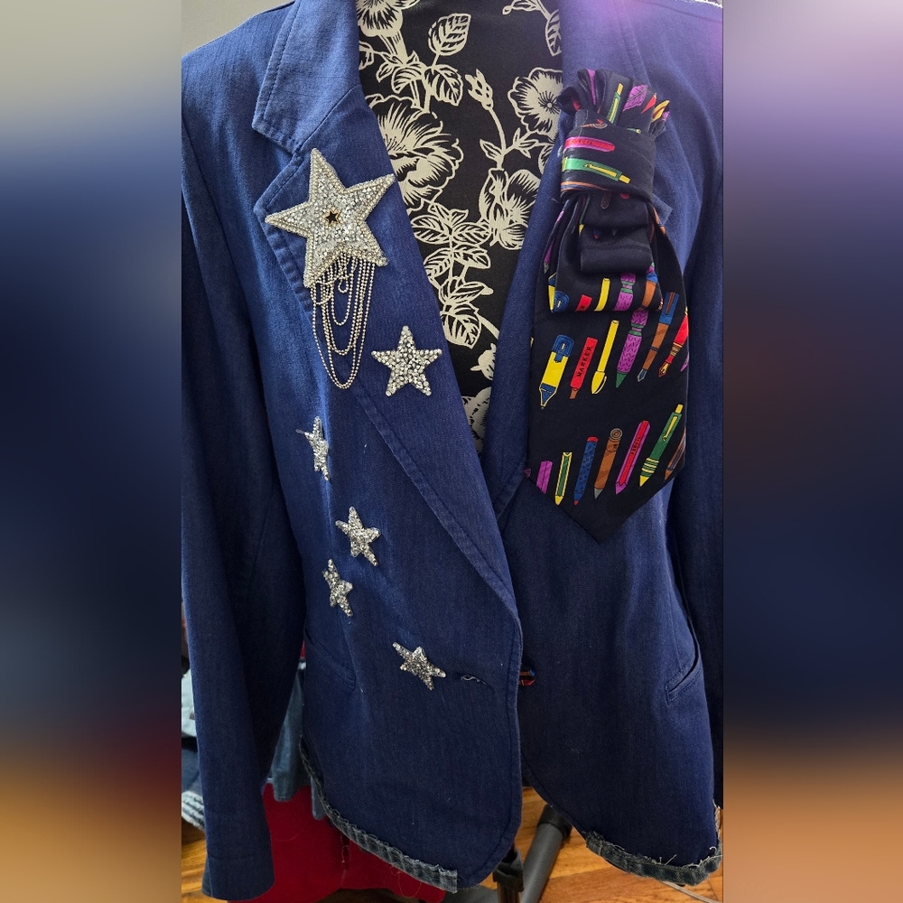 Denim Blazer with Star Embellishments